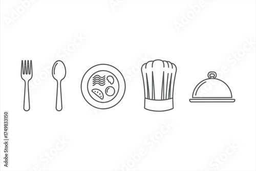Line art icons of fork spoon plate chef hat and cloche on white background food
