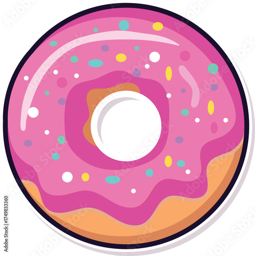 Vibrant Pink Glazed Donut with Colorful Sprinkles Cartoon Style Sticker Design vector  illustration