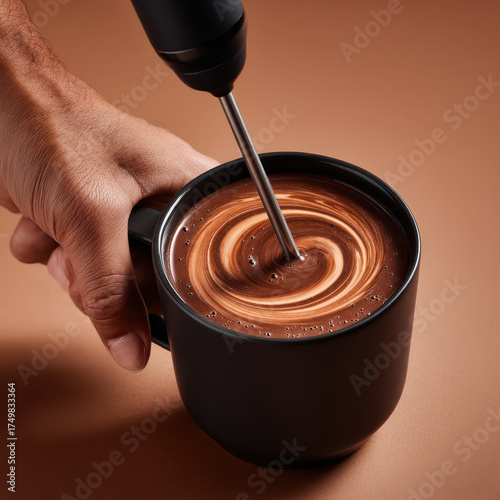 Hand using frother to mix rich, creamy hot chocolate in black mug, creating swirling pattern