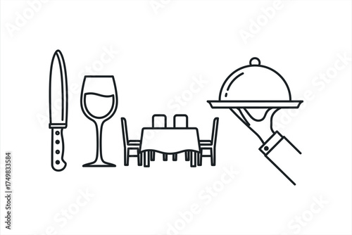 Line art illustration of dining table setting with wine glass and serving cloche knife