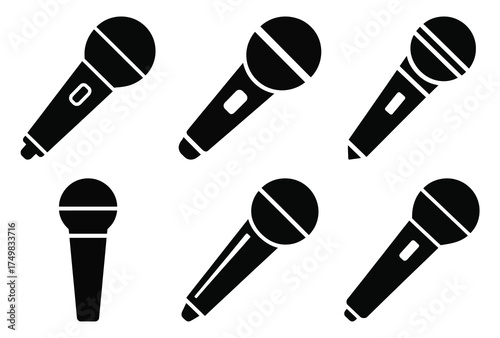 Six Black and White Microphone Icons with Varying Head and Body Styles Isolated