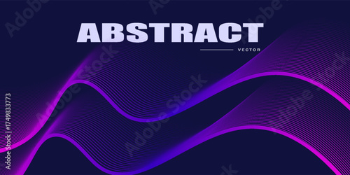 Futuristic dark abstract background with vibrant violet and pink glowing waves on a deep navy backdrop. Perfect for modern digital posters, tech presentations, or music visuals. Vector horizontal temp