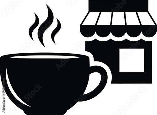 Hot coffee cup next to a storefront icon