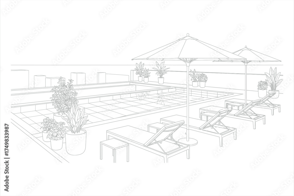 Obraz premium Rooftop swimming pool with lounge chairs and potted plants line drawing umbrellas