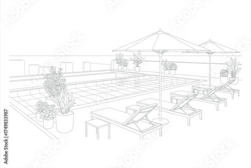 Rooftop swimming pool with lounge chairs and potted plants line drawing umbrellas