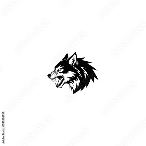 Aggressive black and white canine head profile, teeth bared and snarling fiercely