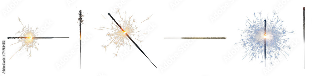 Obraz premium Sparkler set including unlit, burning, extinguished, and blue spark stages isolated. Celebration and event elements.