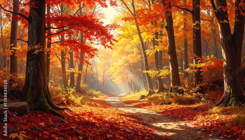 Fototapeta premium Autumn Forest Path Sunlight.