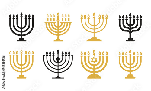 Collection of black and gold menorah icons and silhouettes on white background Hanukkah