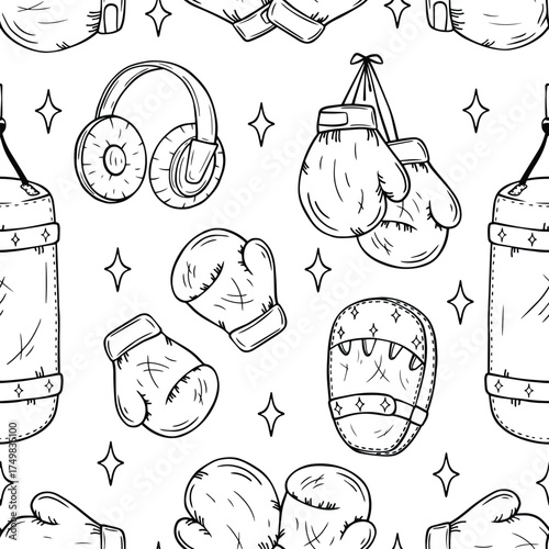 Boxing seamless pattern, line vector art