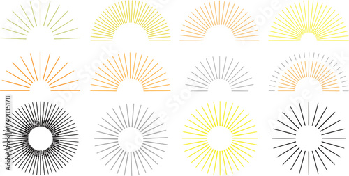 Set of Sunburst and Radial Line Graphics in Various Colors and Styles lines