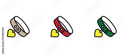 PrintSet of three vector icons showing different colored dog collars with ID tags or lockets. Concepts include pet identification, tracking, safety, and accessories. Editable EPS illustration.