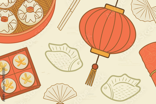 Chinese food lantern fans and fish shapes illustration