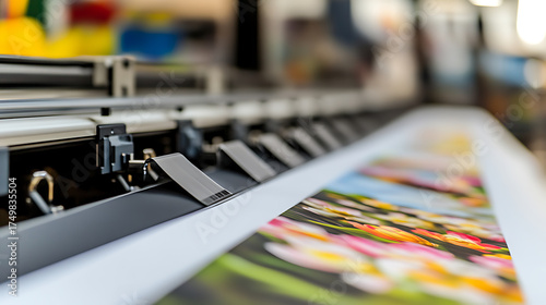 Close-up of a large format printer producing a vivid floral image. Precision printing and vibrant colors showcase the technology in action.