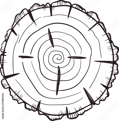 Black and white drawing of a tree trunk cross section wood grain rings