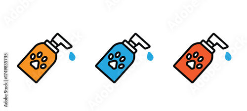 Set of three colorful vector icons depicting dog paw sanitizer, pet cleaning spray, or disinfectant for animals. Ideal for pet care, hygiene, and grooming concepts. Fully editable EPS illustration.