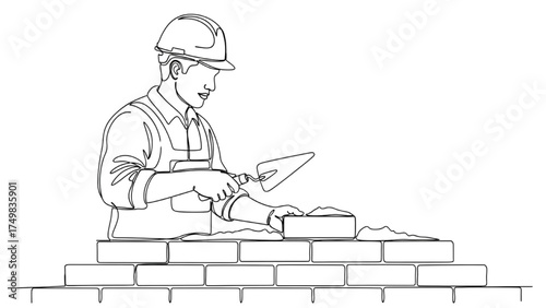 Continuous Line Art of Worker Placing Bricks on Wall with Trowel, Minimalist Black and White Illustration of Masonry and Construction Craftsmanship