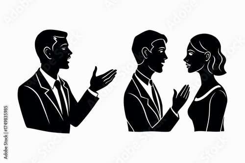 silhouette of man and woman in business attire standing together vector illustration