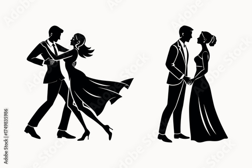 silhouette of a dancing couple man and woman in elegant pose vector illustration