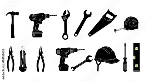 Minimalist Black Silhouette Vector Icons of Hammer, Drill, Wrench, Saw, Helmet, and Measuring Tape – High-Quality Construction and Workshop Tools 