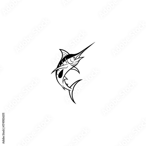 Black and white image of a marlin leaping, outlined in bold lines, open mouthed