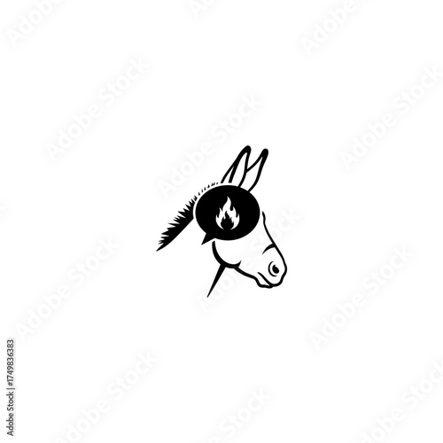 Silhouette of a donkey head with a thought bubble containing a flame symbol