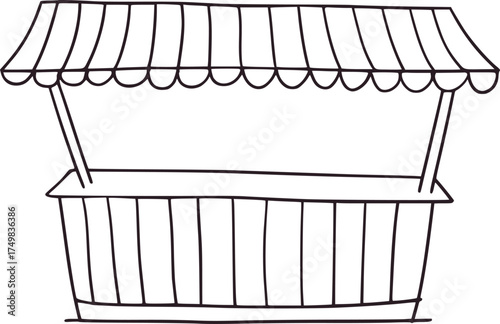 Simple black and white drawing of a market stall awning