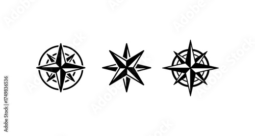 Minimalist compass roses: stylish black silhouette navigational icons