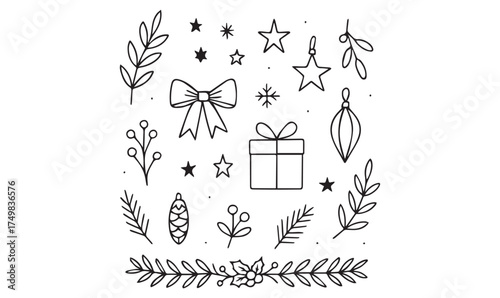 Scandinavian Style Christmas Doodles, Minimalist Winter Foliage and Festive Decorative Elements Vector Set