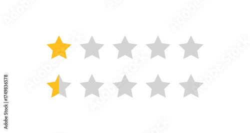 Rating system with one gold star among gray stars for review and feedback concept