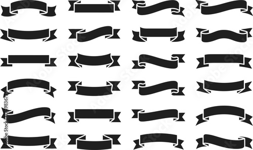 Assortment of Black Ribbon Banners and Labels on White Background shape
