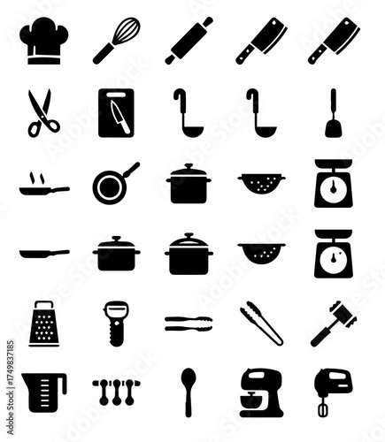 Modern kitchen utensil icons set for cooking professional chefs and home cooks seeking efficiency