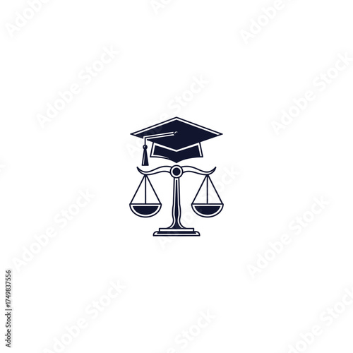 Dark graduation cap atop balancing scales on white background, representing law & order