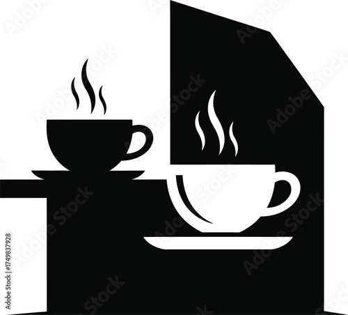 Two steaming cups of coffee on a table with a shadow