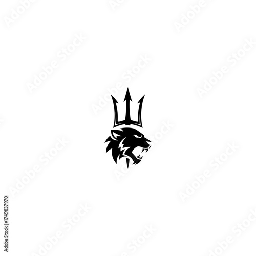 Black graphic shows a stylized roaring lion head with a trident above it on white