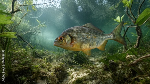 Close-up underwater shot of a Carp Bream in its natural river environment, showcasing detailed scales and serene aquatic surroundings.