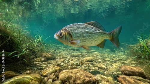 Close-up underwater shot of a Carp Bream in its natural river environment, showcasing detailed scales and serene aquatic surroundings.