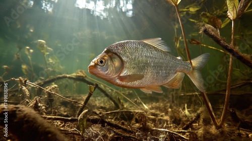Close-up underwater shot of a Carp Bream in its natural river environment, showcasing detailed scales and serene aquatic surroundings.