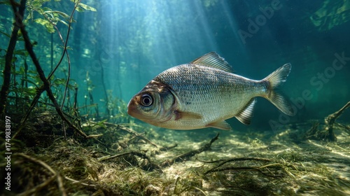 Close-up underwater shot of a Carp Bream in its natural river environment, showcasing detailed scales and serene aquatic surroundings.