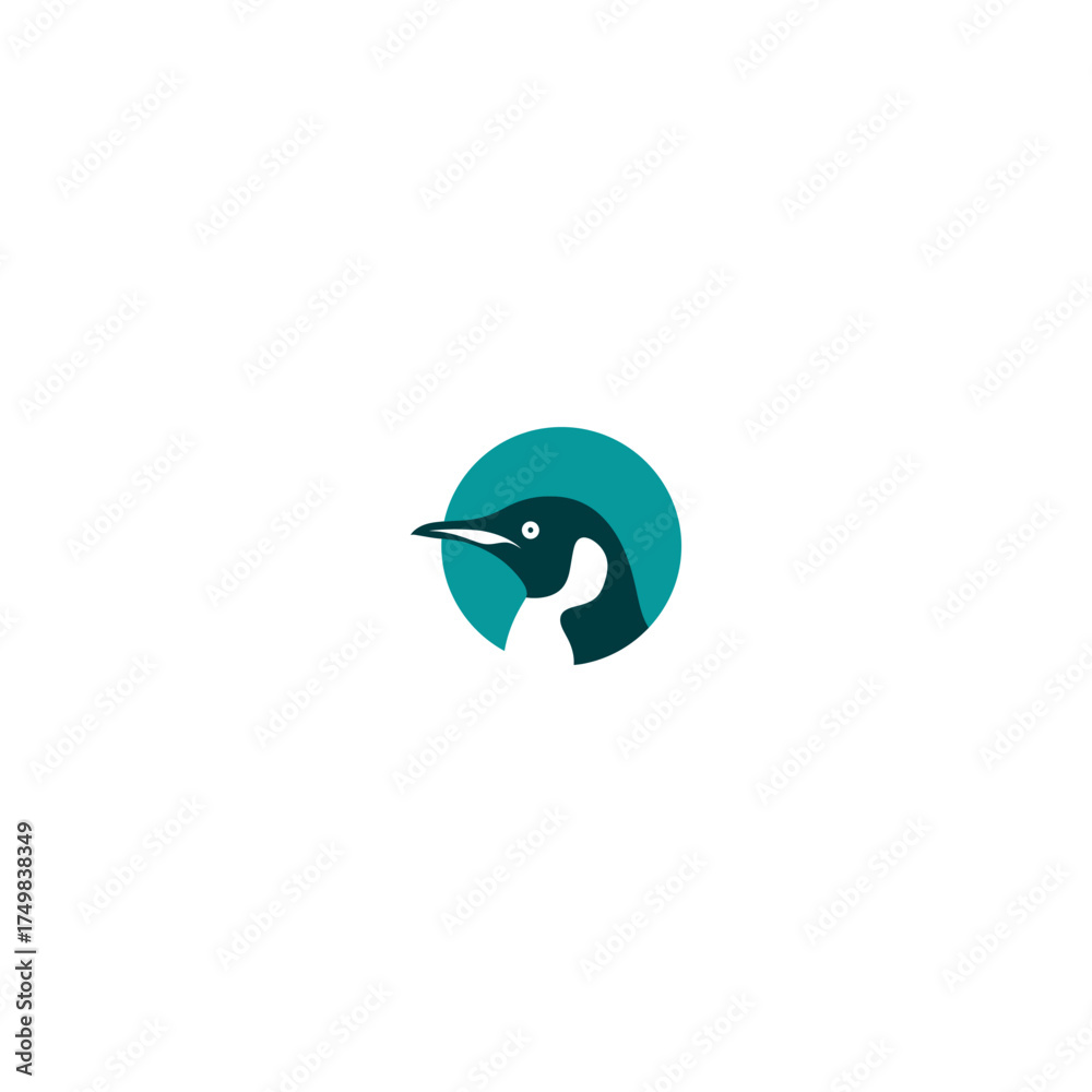 Fototapeta premium Teal and navy bird head with white throat silhouette inside teal circle background