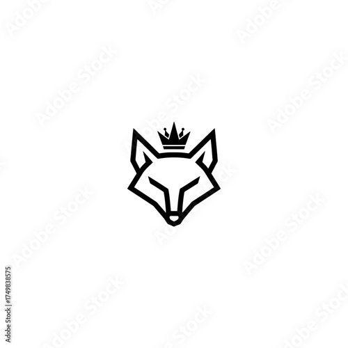 Minimalist black outline fox head with crown, centered on a stark white background