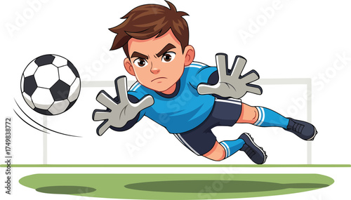 A vibrant, action-packed illustration depicting a determined goalkeeper's full-stretch dive to intercept a moving black and white soccer ball