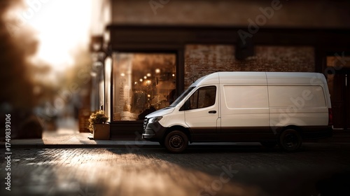 Fototapeta Naklejka Na Ścianę i Meble -  A white delivery van parked on a sunlit cobblestone street in front of a small business storefront evoking local logistics and urban transport