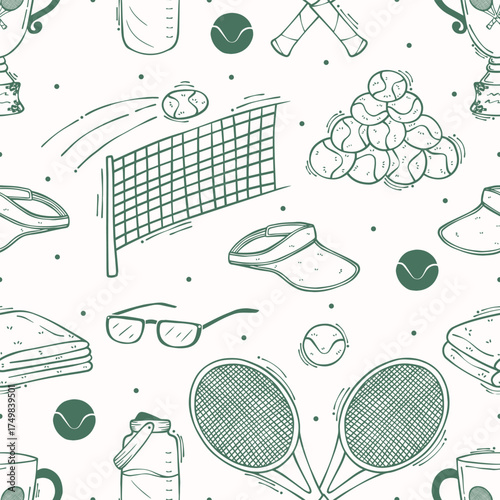 Tennis theme seamless pattern, line vector art