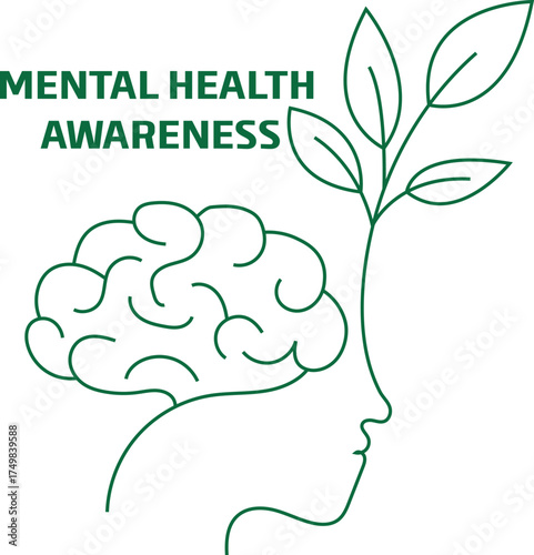 Minimal line art of a brain connected to blooming leaves, nature-inspired mental health awareness design.