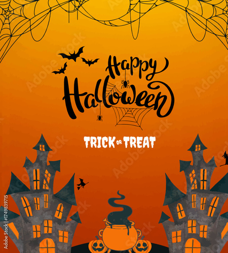 Spooky Halloween Background with Haunted Castle and Bats