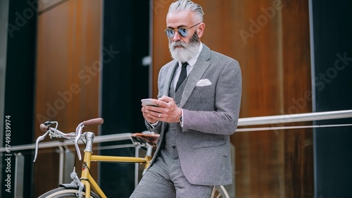 An elderly businessman is standing near a contemporary building on a bicycle and texting on his smartphone.
