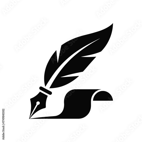 Black quill pen writing on rolled paper icon on white background