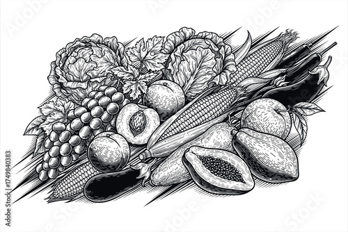 Black and white illustration of a variety of fruits and vegetables in a still life arrangement produce