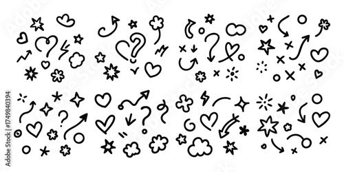 Collection of hand drawn doodle elements including hearts stars arrows and clouds for design